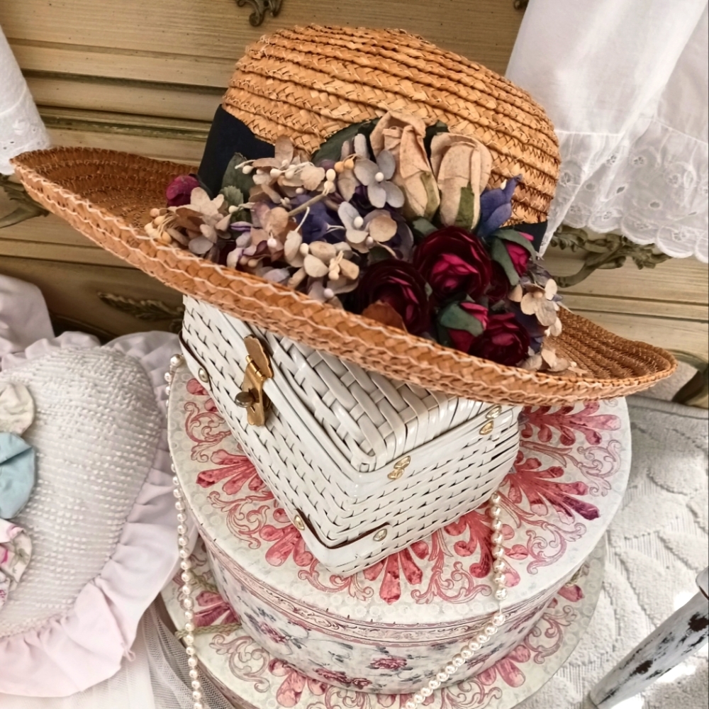 RARE VTG EARLY "DARCY CREECH" STRAW HAT W/ FLOWERS